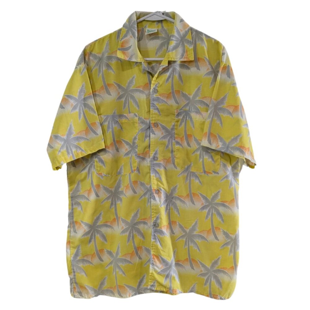 Vintage Tropicana Men's Yellow Palm Tree Button-Down Shirt, Size Large